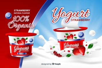 Realistic natural strawberry yogurt advertisement Free Vector