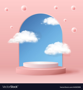 realistic pink product podium with sky window and