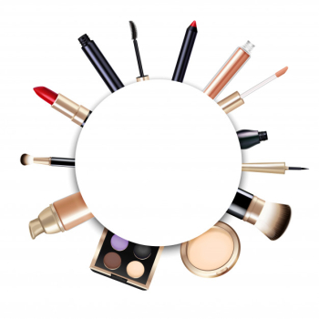 Realistic round makeup frame with lipstick powder foundation brushes gloss liner eyeshadows and mascara Free Vector