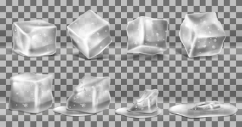 Realistic set of cold solid ice cubes, melting process of icy blocks with drops 