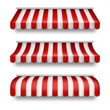Realistic set of striped awnings isolated on background. clipart with red and white tents Free Vector