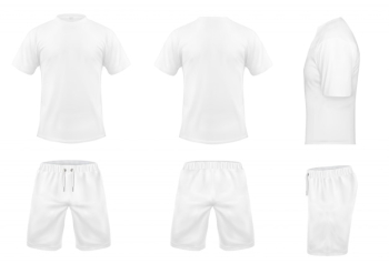 Realistic set of white t-shirts with short sleeves and shorts, sportswear, sport uniform 