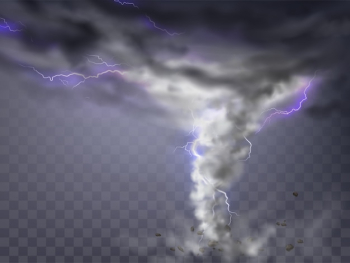 realistic tornado with lightnings, destructive hurricane isolated on transparent background. 