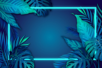 Realistic tropical leaves with neon frame with copy space Free Vector