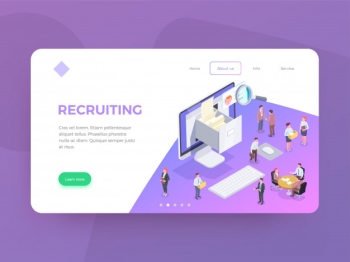 Recruitment isometric web landing page design background with conceptual images editable text clickable links and buttons  illustration Free Vector
