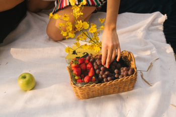 Rectangular Brown Wicker Basket With Fruits Rectangular Brown Wicker Basket With Fruits