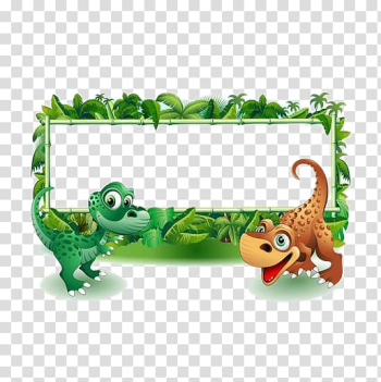 Rectangular green and brown dino-themed frame illustration, Dinosaur Tyrannosaurus Child , Dinosaur frame transparent background PNG clipart