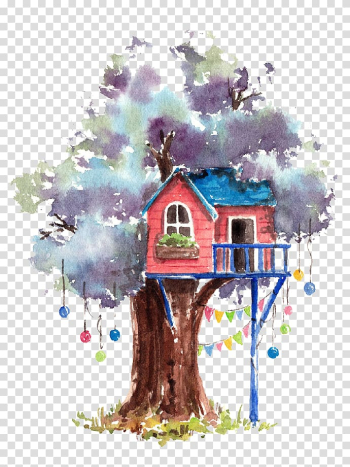 Red and blue tree house painting, Watercolor painting Tree house, Cartoon tree tree house transparent background PNG clipart