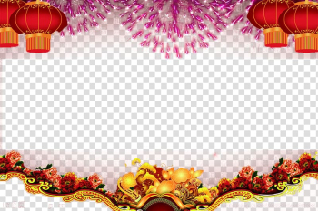 Red and brown floral digital frame, Chinese New Year Fireworks Ornament, Chinese New Year Ornament transparent background PNG clipart
