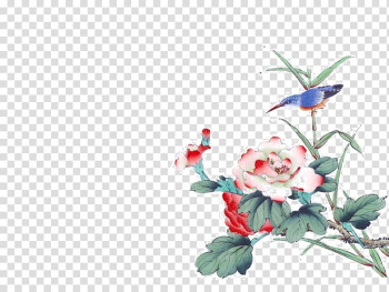 Red and white petaled flower illustration, Chinese painting Bird-and-flower painting Watercolor painting , Chinese painting rose transparent background PNG clipart