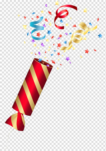 Red and yellow party confetti popper, Confetti Birthday cake Balloon , Party Confetti transparent background PNG clipart