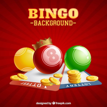 Red background with bingo balls and coins Red background with bingo balls and coins
