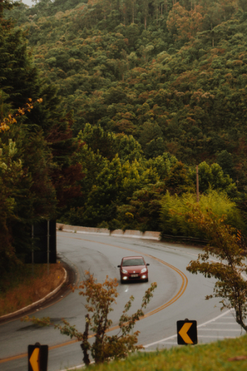 Red Car Travels on the Curved Road Red Car Travels on the Curved Road