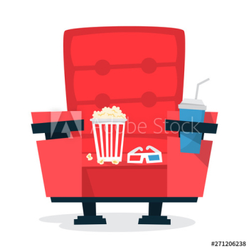 Red cinema theater chair with pop corn and soda drink Red cinema theater chair with pop corn and soda drink