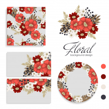 Red flower background  red and white flowers cards, pattern, wreath Free Vector