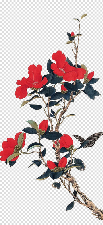 Red flowers illustration, Chinese painting Gongbi Bird-and-flower painting Early Spring, Hand-painted plum blossom transparent background PNG clipart