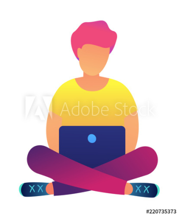Red haired programmer working on laptop sitting in lotus pose vector illustration