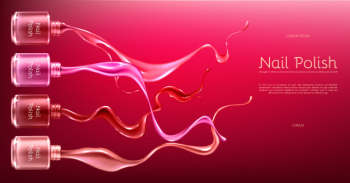 Red or pink nail polish 3d realistic vector ads banner with glass bottle in glossy Free Vector