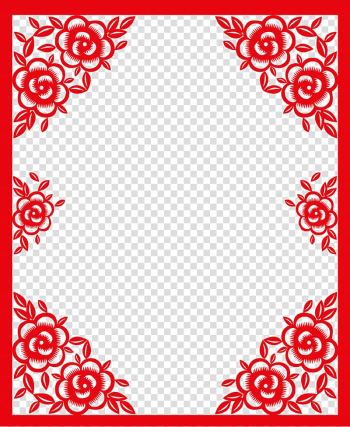 Red petaled floral frame illustration, Red Chinese paper-cut style elements transparent background PNG clipart