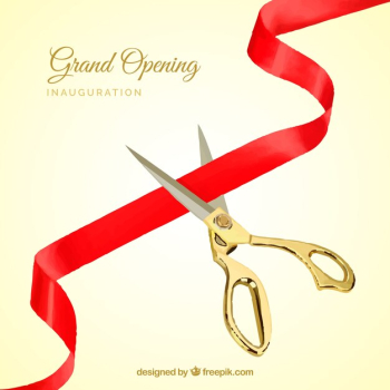 Red ribbon background with golden scissors Red ribbon background with golden scissors