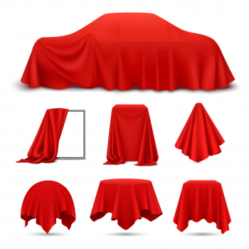 Red silk cloth covered objects realistic set with draped frame car hanging napkin tablecloth curtain Free Vector