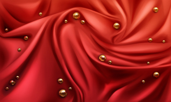 Red silk draped fabric background with gold randomly scattered shiny spheres or pearls. Free Vector