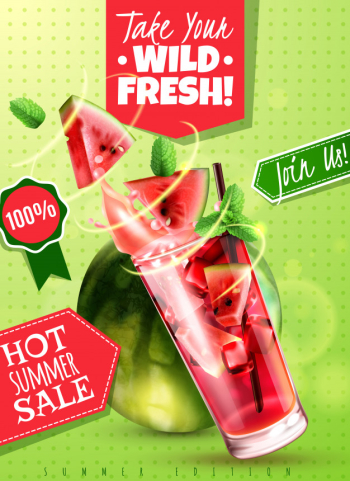 Refreshing detox water summer sale with fresh watermelon mint leaves drink glass realistic advertising poster vector illustration Free Vector