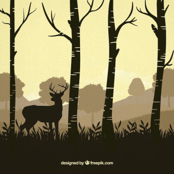 Reindeer between trees silhouettes background