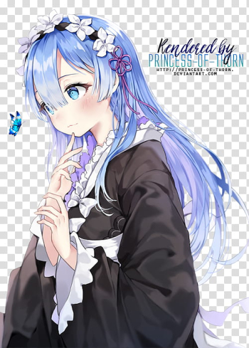 Rem Render, purple-haired female anime character wearing black dress transparent background PNG clipart