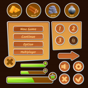 Resource icons and menu elements for strategy games on the brown background