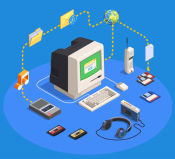 Retro devices isometric composition with personal computer camera player phone recorder on blue  3d Free Vector
