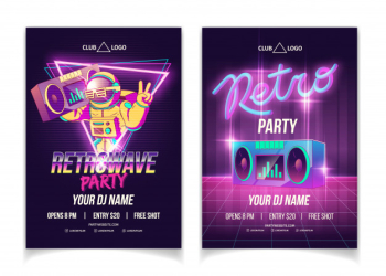 Retrowave music party in nightclub cartoon  ad poster, flyer or poster template in neon colors Free Vector