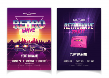 Retrowave party, electronic music of 80s, dj performance in nightclub cartoon  ad poster, promo flyer and poster Free Vector