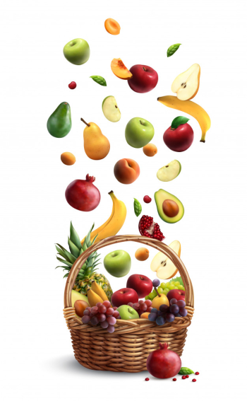 Ripe fruits falling in traditional wicker basket with handle realistic composition with pear banana apple Free Vector