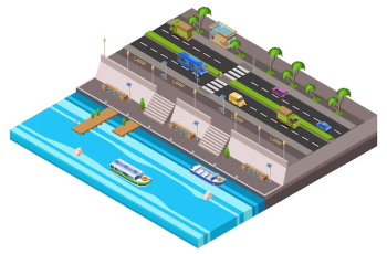Riverside city isometric 3D of waterfront town traffic lane along ferry boat pie