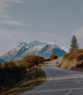 Road Between Trees Near Snow-capped Mountains Road Between Trees Near Snow-capped Mountains