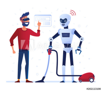 Robot housekeeper operated with VR headset runs the vacuum cleaner at home Robot housekeeper operated with VR headset runs the vacuum cleaner at home