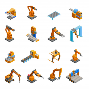 Robotic mechanical arm isometric icons set Robotic mechanical arm isometric icons set