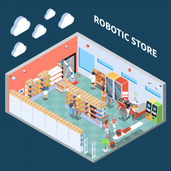 Robotic store isometric composition with interior of supermarket trading hall  equipped with equipment of future Free Vector