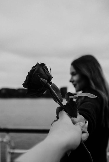 Romantic woman holding hand on anonymous boyfriend giving flower at lakeside · Free Stock Photo