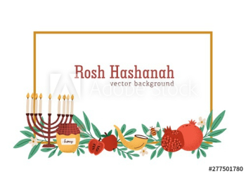 Rosh Hashanah horizontal banner or background decorated by menorah, shofar horn, honey, apples, pomegranates and leaves