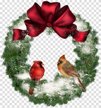 Round green wreath with red bow and cardinal , Christmas Wreath , Christmas Wreath with Birds transparent background PNG clipart