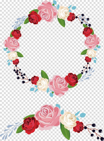 Round pink, red, and white floral frame template, Flower Wreath Garland Ornament, painted garlands transparent background PNG clipart