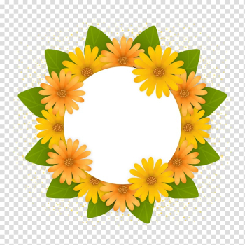 Round yellow daisies frame illustration, India Onam Illustration, chrysanthemum wreath of green leaves transparent background PNG clipart