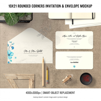 Rounded corners invitation and envelope mockup Free Psd