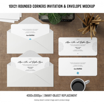 Rounded corners invitation and envelope mockup Free Psd