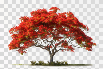 Royal Poinciana tree with red flower in PNG transparent image