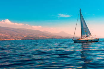 Sailboat Sailing on Water Near Island Sailboat Sailing on Water Near Island