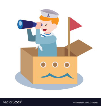 Sailor kids use binocular toy on boat cardboard vector image