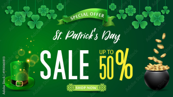 Saint Patrick's Day Sale background. Banner St. Patrick's Day Sale. Saint Patrick's Day Sale Web Banner. Festive Composition with Beer Glass, Golden Coins and Clover Leaves.